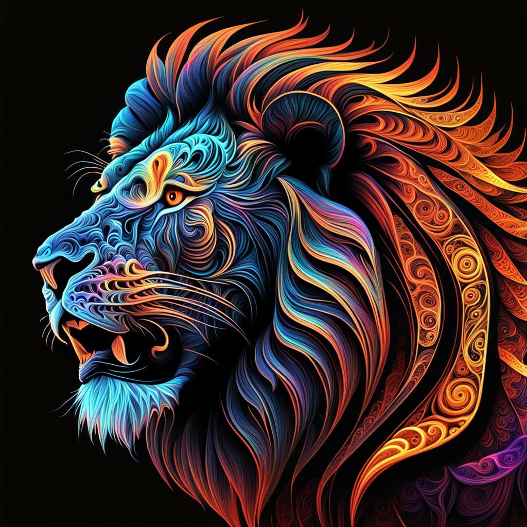 Neon Fractal Lion Tattoo Art in 8K