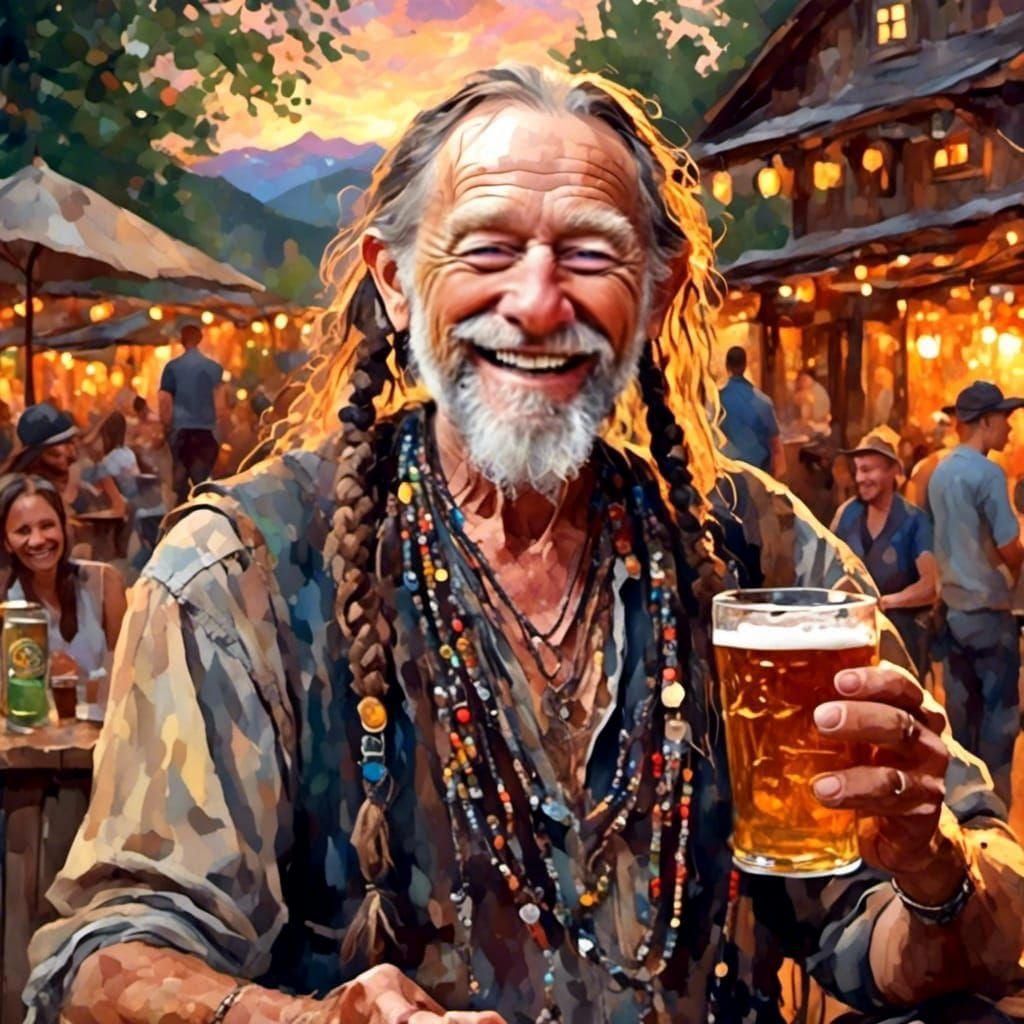 Willie Nelson Laughing in Appalachian Beer Garden