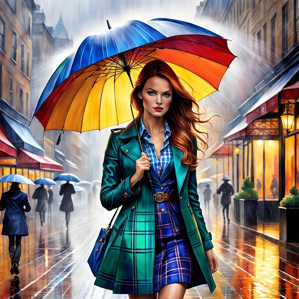 Whimsical Rainy Day Scene in Vibrant Watercolor Style