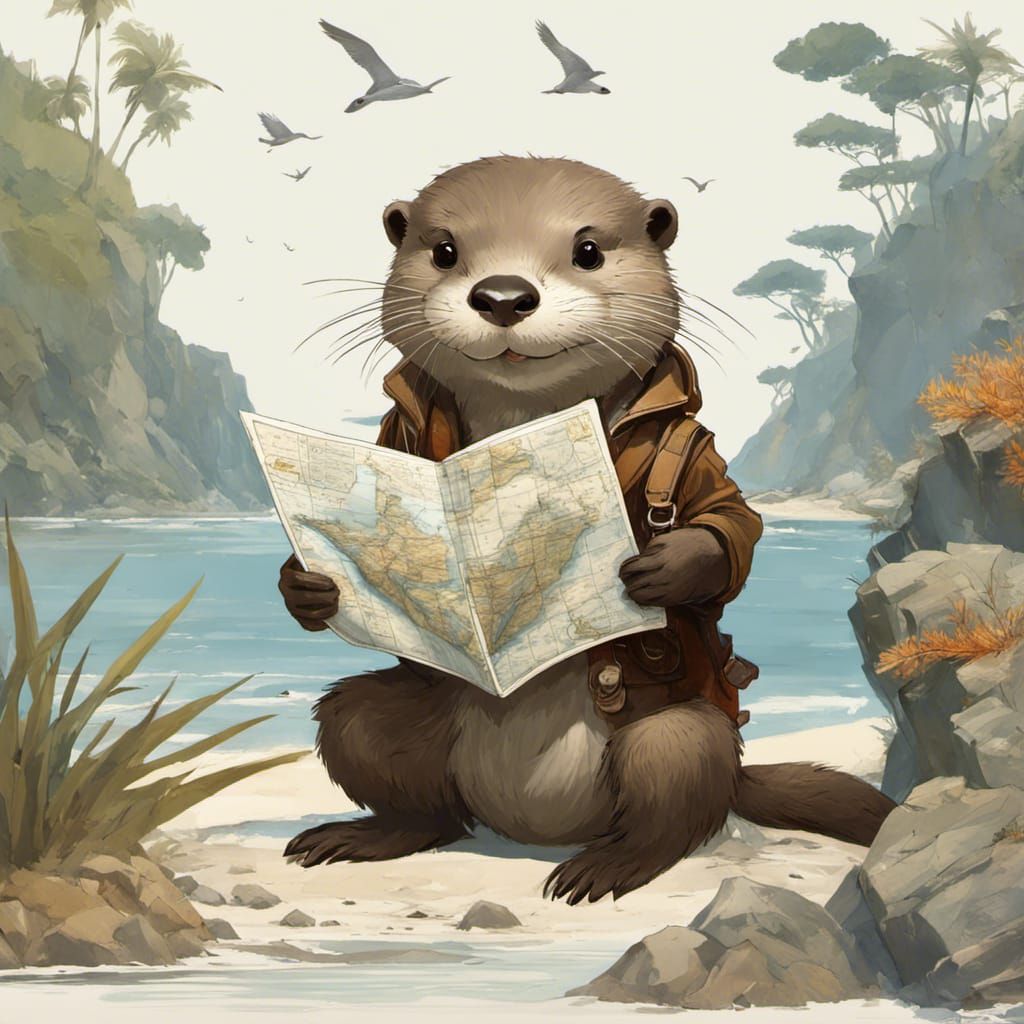 Smiling Otter on Seashore with Maps, Digital Illustration