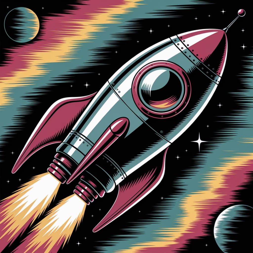 Retro-Futuristic Rocket Ship Gliding Through Space