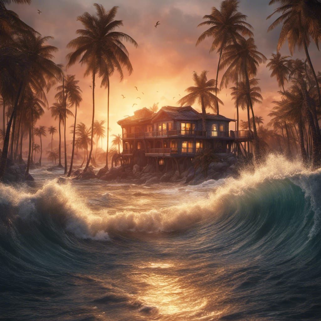 Ocean Sunset Beach House Matte Painting