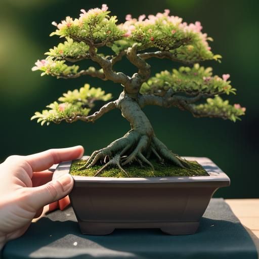 Hyperreal Bonsai Plant with Falling Flowers
