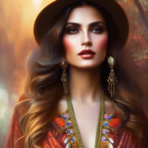 Boho-Chic Woman in Desert Art Nouveau Portrait