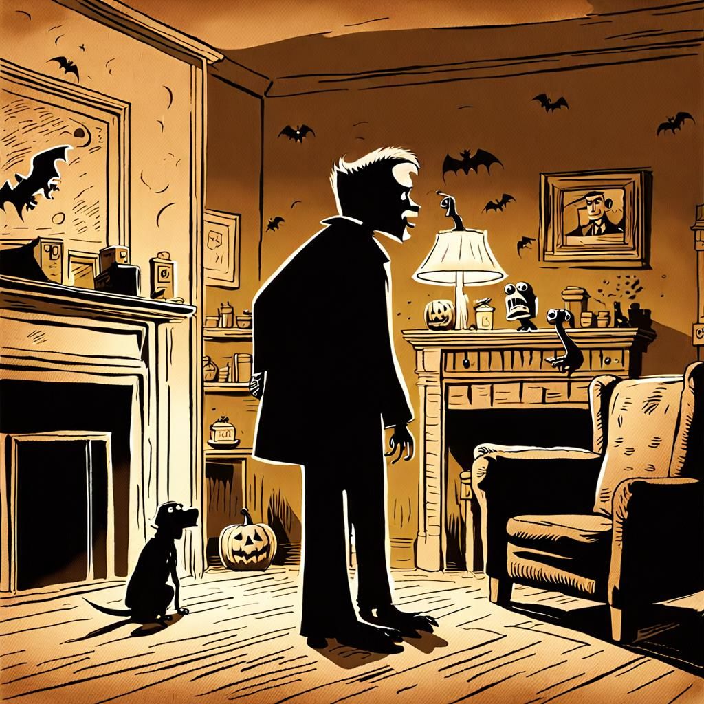 Frankenstein's Halloween Search: A Cinematic Film Still