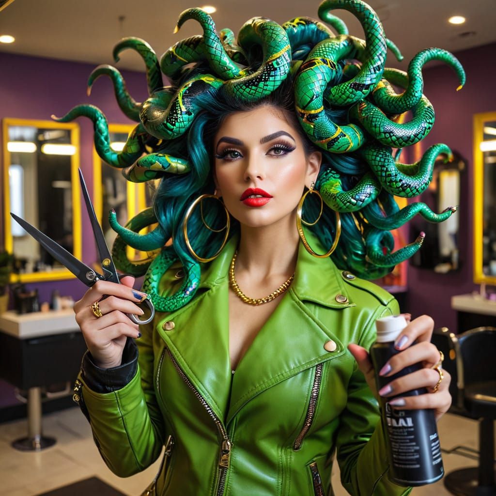 Charismatic Hair Stylist Medusa Reigns in Vibrant Salon