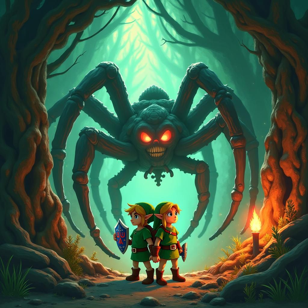 Link and Skull Kid Battle Spider: Fantasy Concept Art