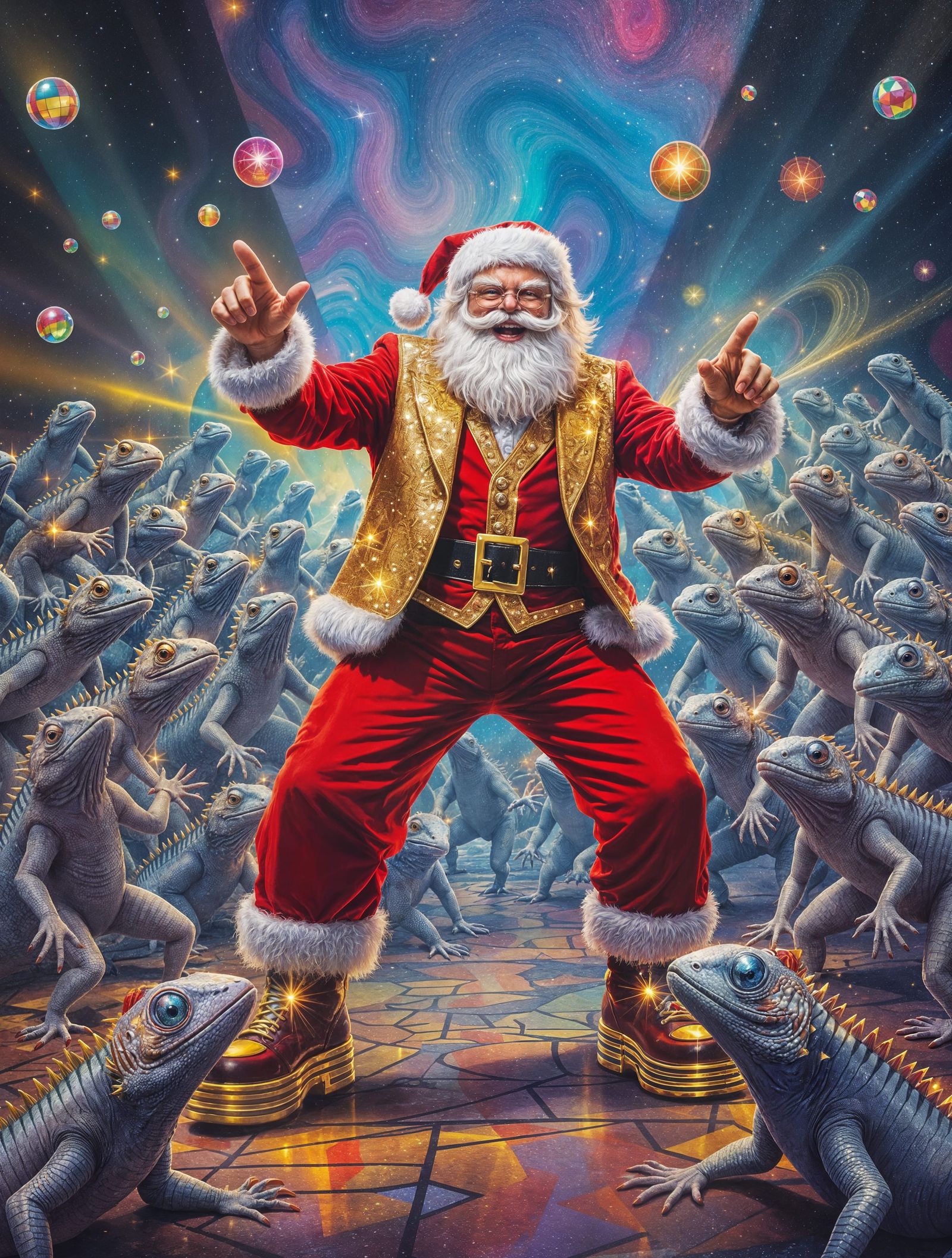 Vibrant Disco Santa Amidst Swirling Patterns