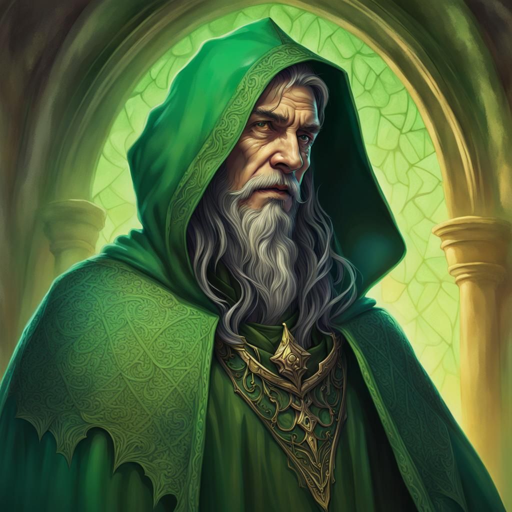 Gothic Medieval Wizard in Ornate Green Cloak