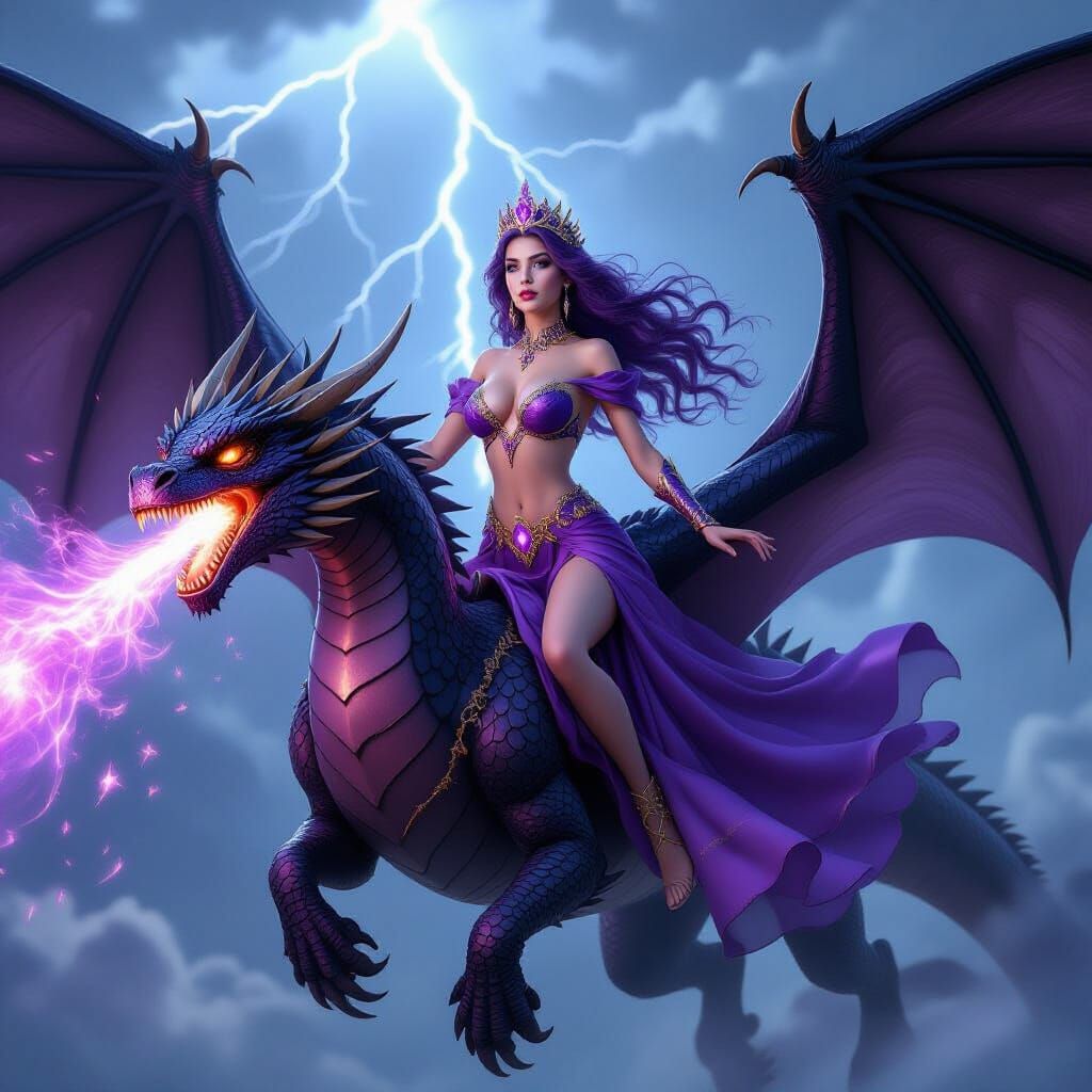 Violet Princess on Black Dragon in Lightning Storm