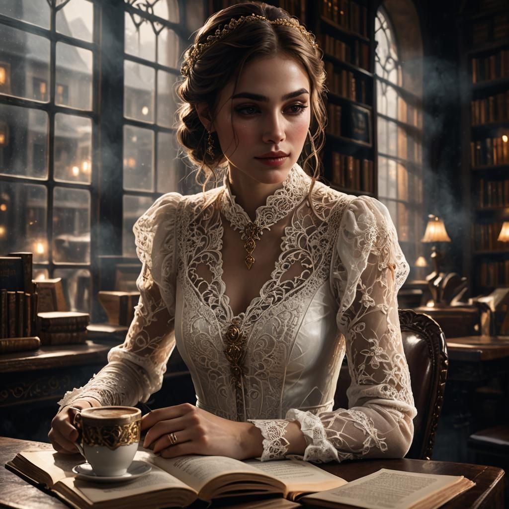 Ethereal Girl Reading in Bookstore Cafe: Fantasy Art