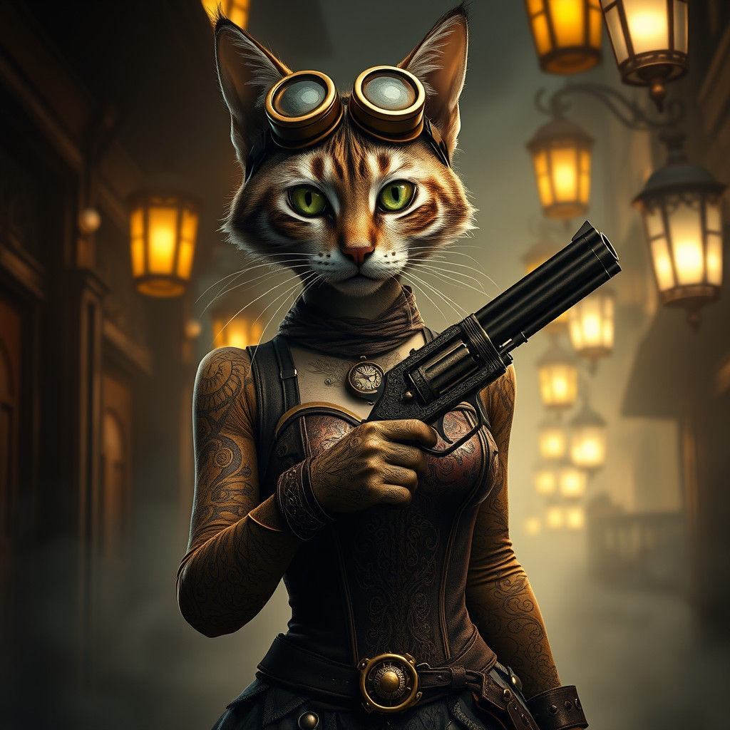 Steampunk Feline Woman with Steam-Powered Revolver
