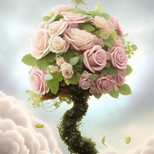 Ornate Oak Tree with Roses Digital Illustration
