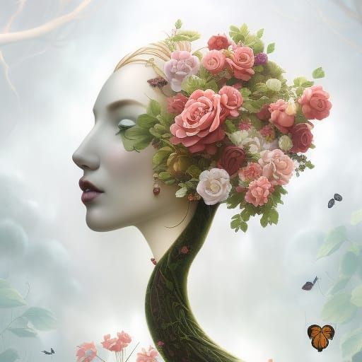 Dying Oak Tree with Roses: Digital Art