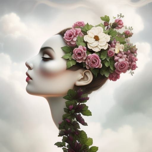 Dying Oak Tree with Roses, Digital Illustration