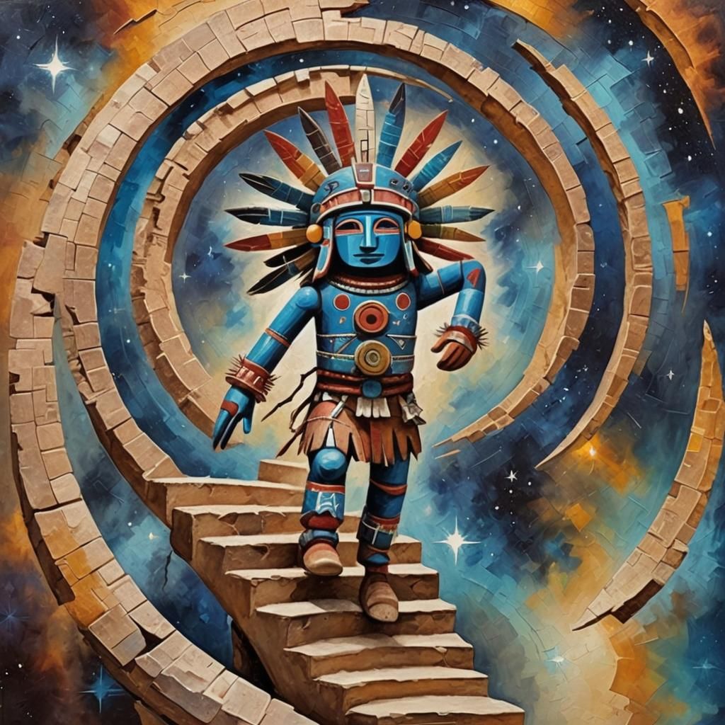 Hopi Kachina Climbs Starry Staircase: Impasto Style