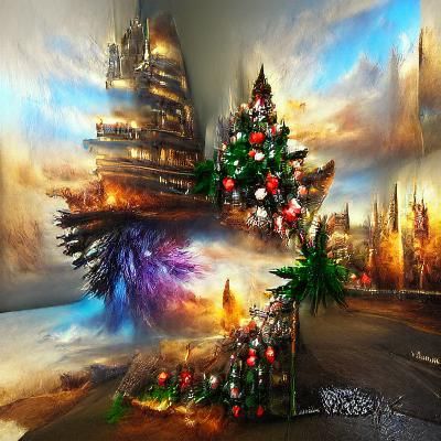 Fantastic Christmas tree with decoration, gifts, 8K 3D deviantart matte painting  HDR Unreal Engine oil on canvas poster...