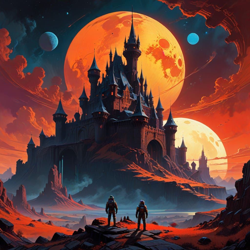 Epic Castle Scene on a Distant Planet with Vibrant Moons and...