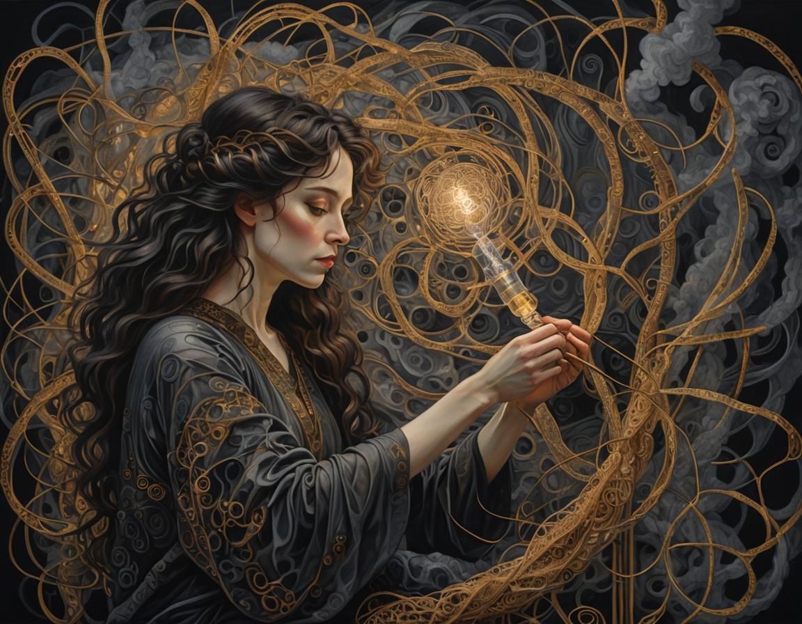 Woman Weaving in Klimt-Inspired Dark Academia Style