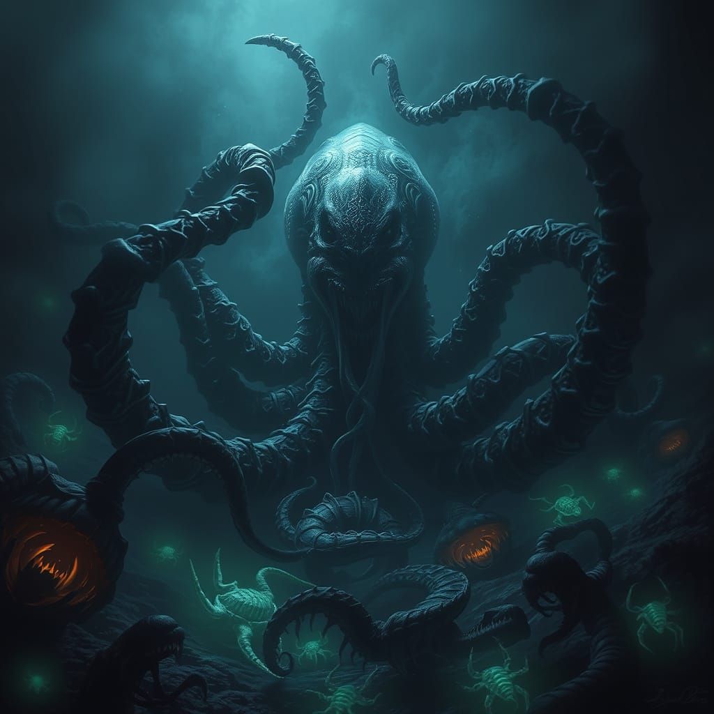 Kraken Lurking in Bioluminescent Deep Ocean