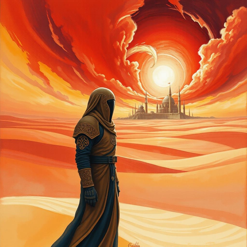 Fremen Warrior on Arrakis in Surreal Art Deco Style