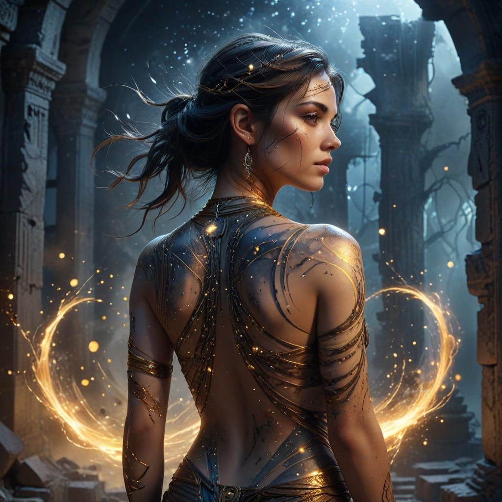 Woman With Glowing Tattoos in Ethereal Ruins