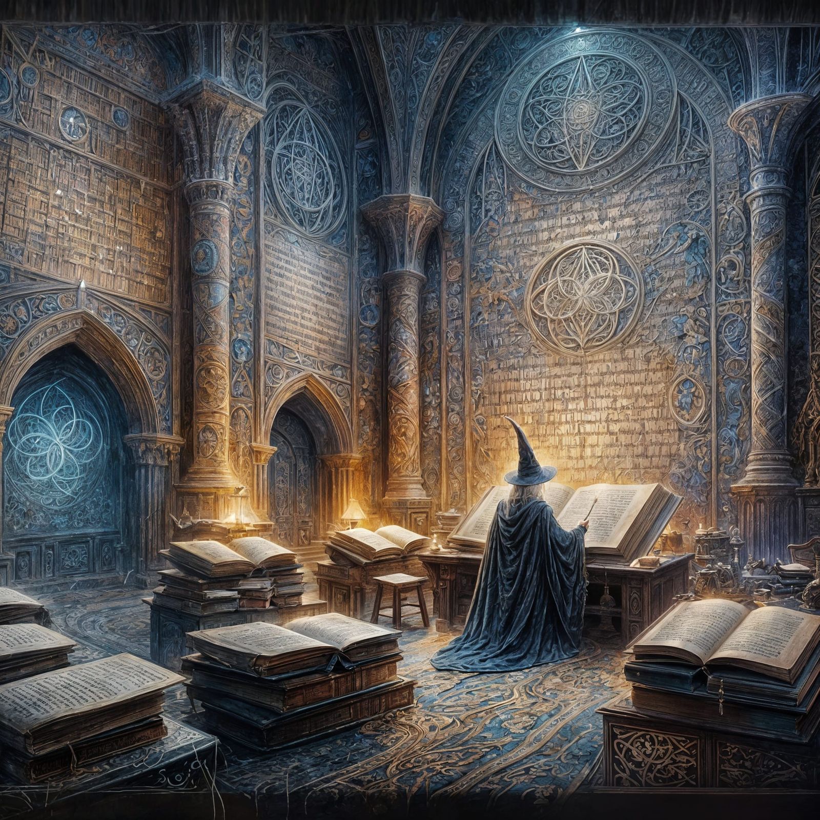 Epic Medieval Library Scene in Maximalist Digital Art Style