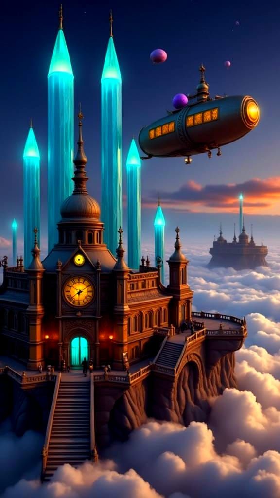 Steampunk Cityscape with Golden Clock and Airships