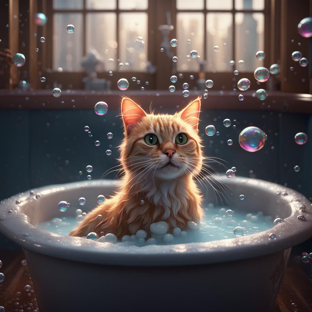 Mad Cat in Bubble Bath: Detailed Digital Painting