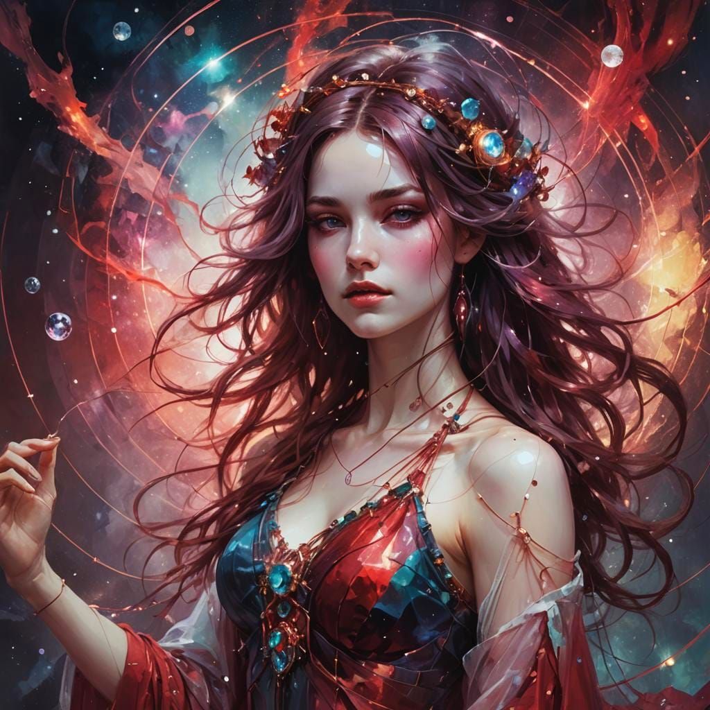 Ethereal Goddess Orbiting Gemstones in Dreamy Fantasy Art