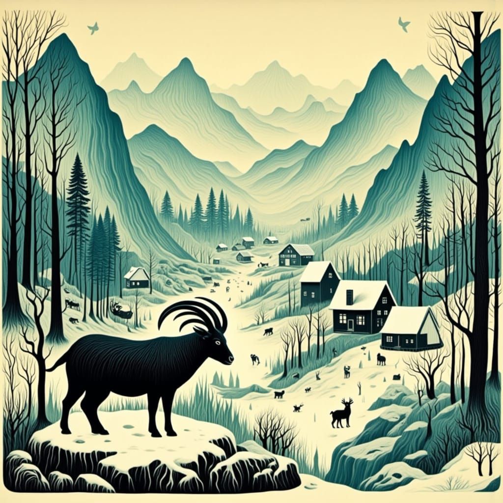 Mountain Goat Surveys Winter Village in Woodcut Style