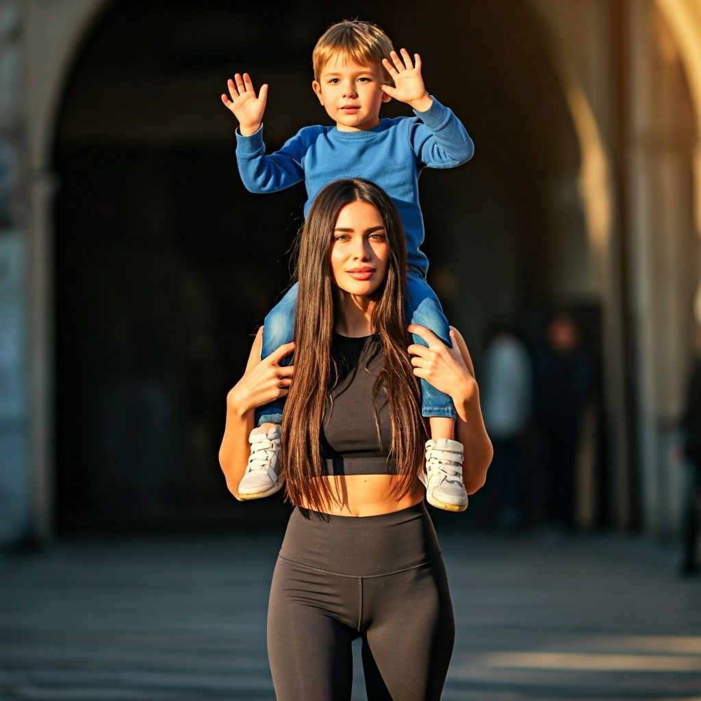 Italian Woman Carries Boy on Shoulders in Golden Hour