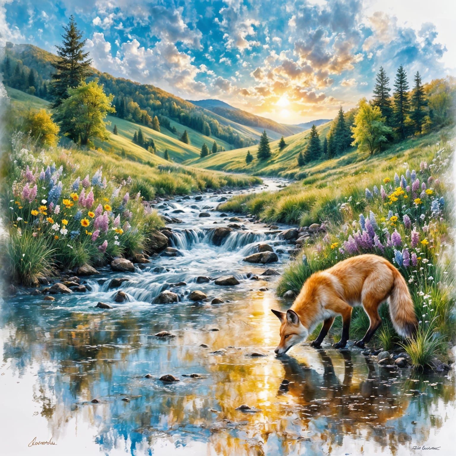 Baby Fox Drinks from Spring River in Pastel Landscape