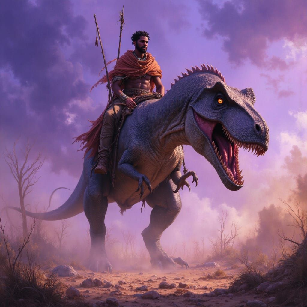 King on Dinosaur in Wasteland, Brushed Oils Style