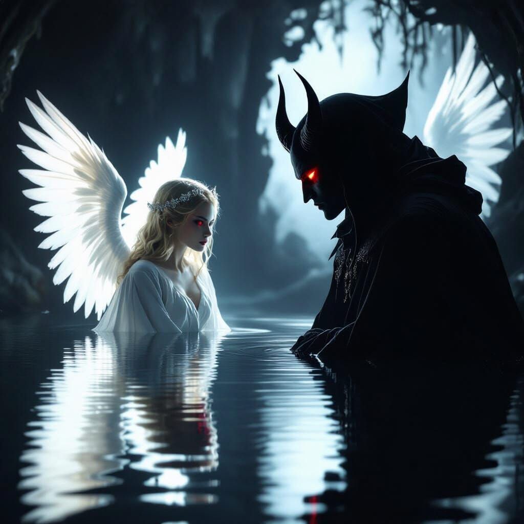 Devil's Reflection Reveals Angel in Chiaroscuro Style