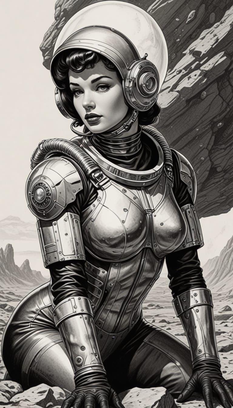 Retro Sci-Fi Pinup on Alien Planet, Ink Sketch
