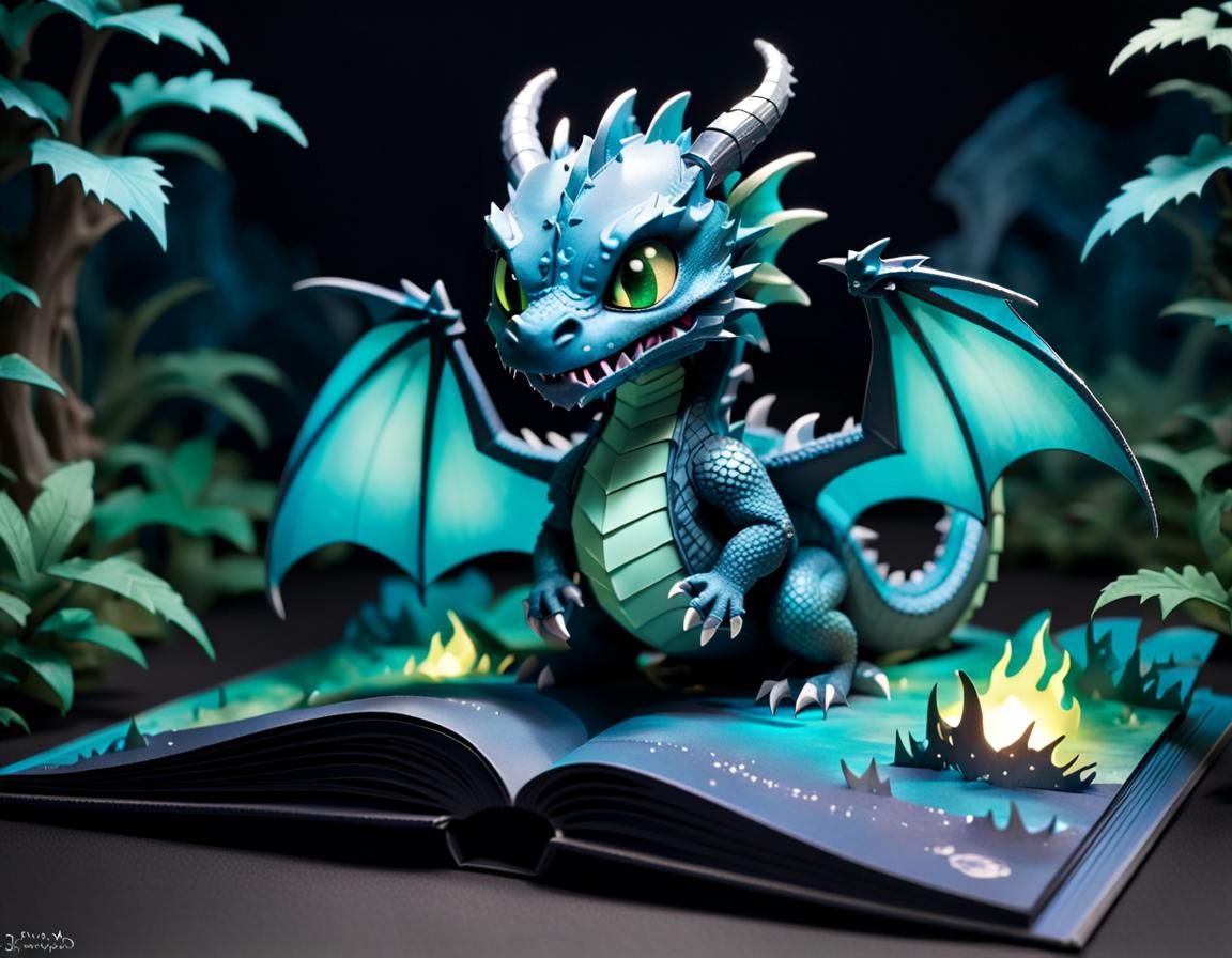 Sinister Bioluminescent Dragon Pop-Up Book Illustration