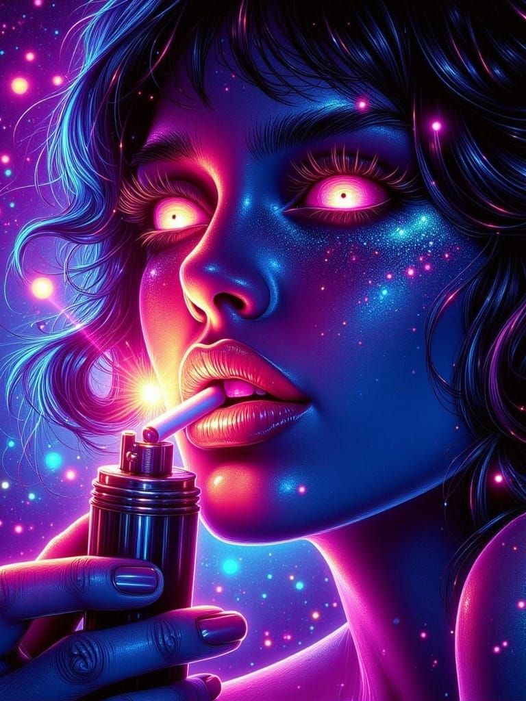 Neon Woman Lighting Cigarette in Psychedelic Sci-Fi Landscap...