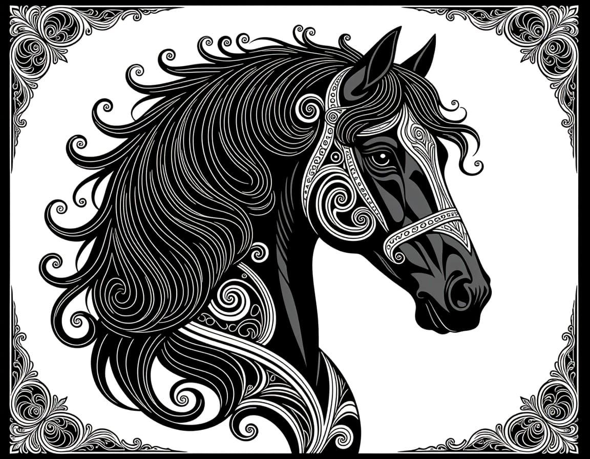 Intricate Horse Head Design with Ornate Tribal Patterns