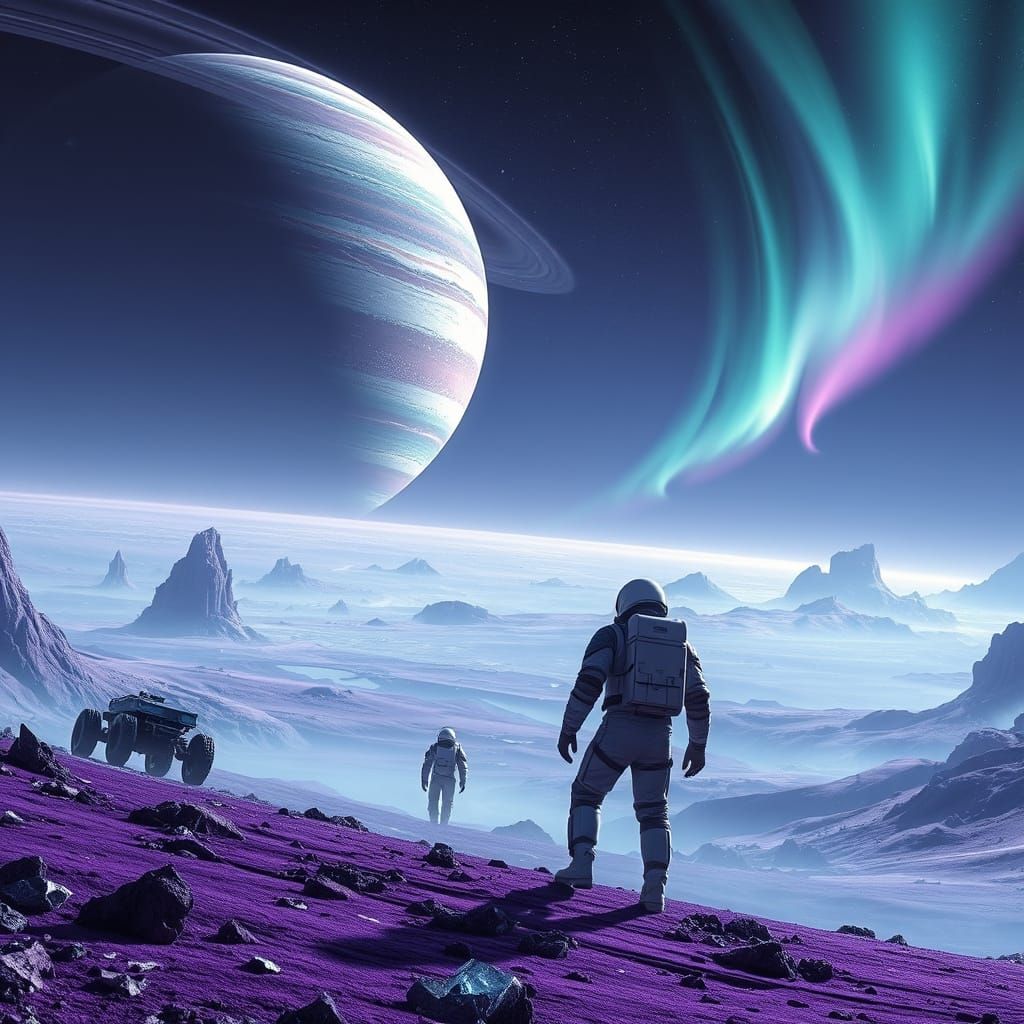 Surreal Alien Landscape with Glowing Crystals and Ringed Gas...