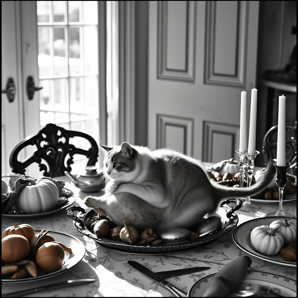 Cat Eating Thanksgiving Turkey in Vogue Style