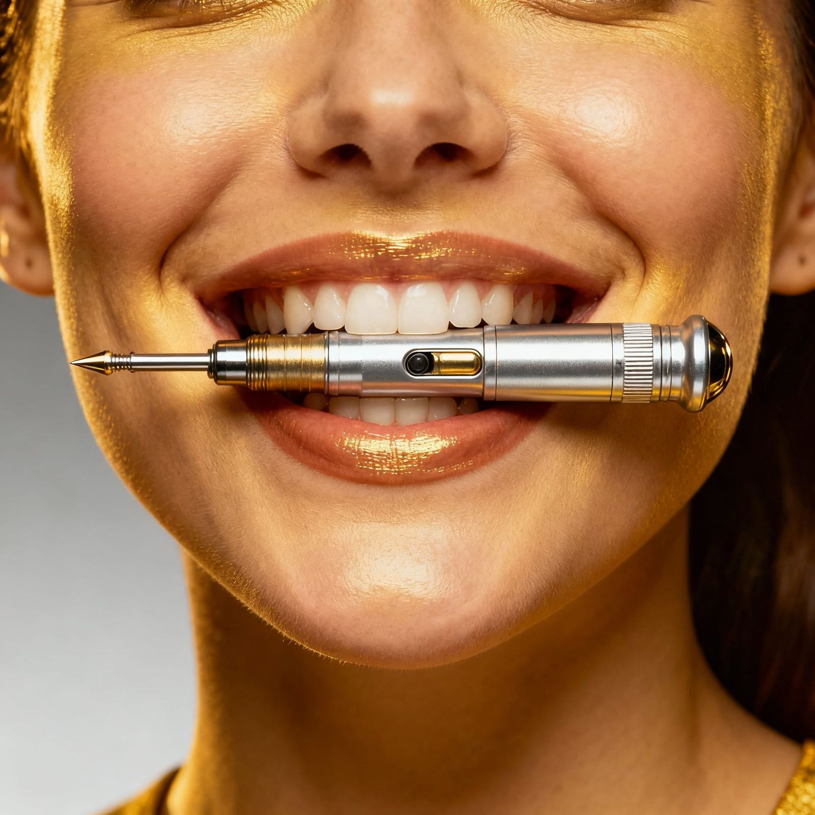 Woman Smiling with Sonic Screwdriver Between Teeth