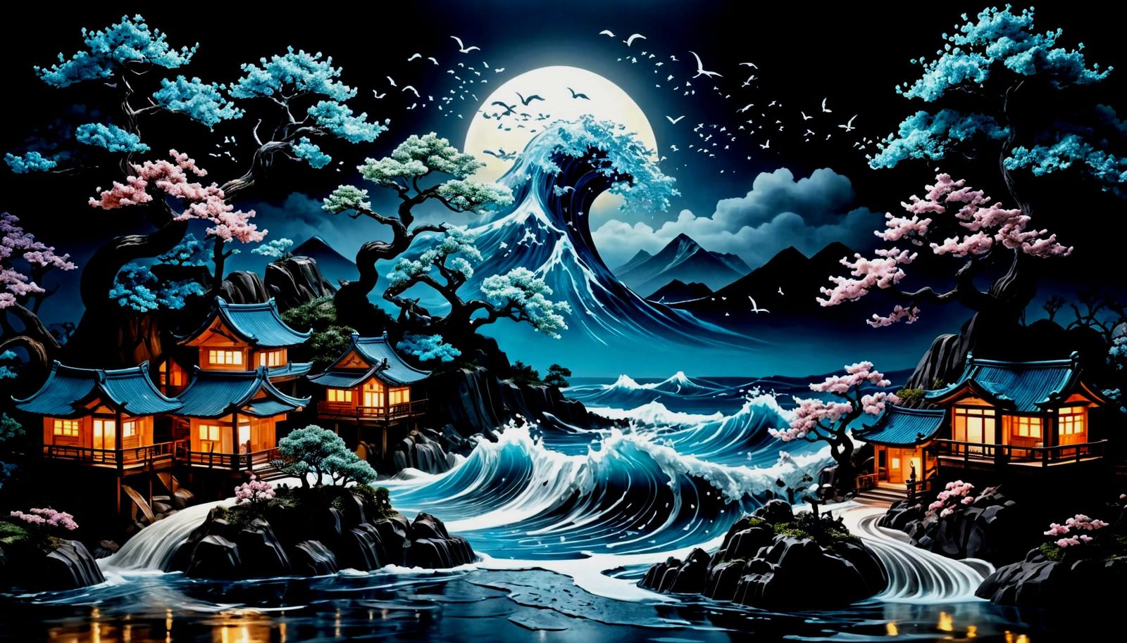 Icy Bonsai Wave in Sumi-e Japanese Style