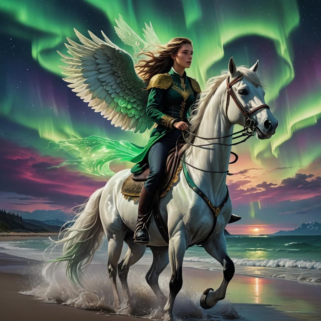 Angel on Horseback Under Northern Lights