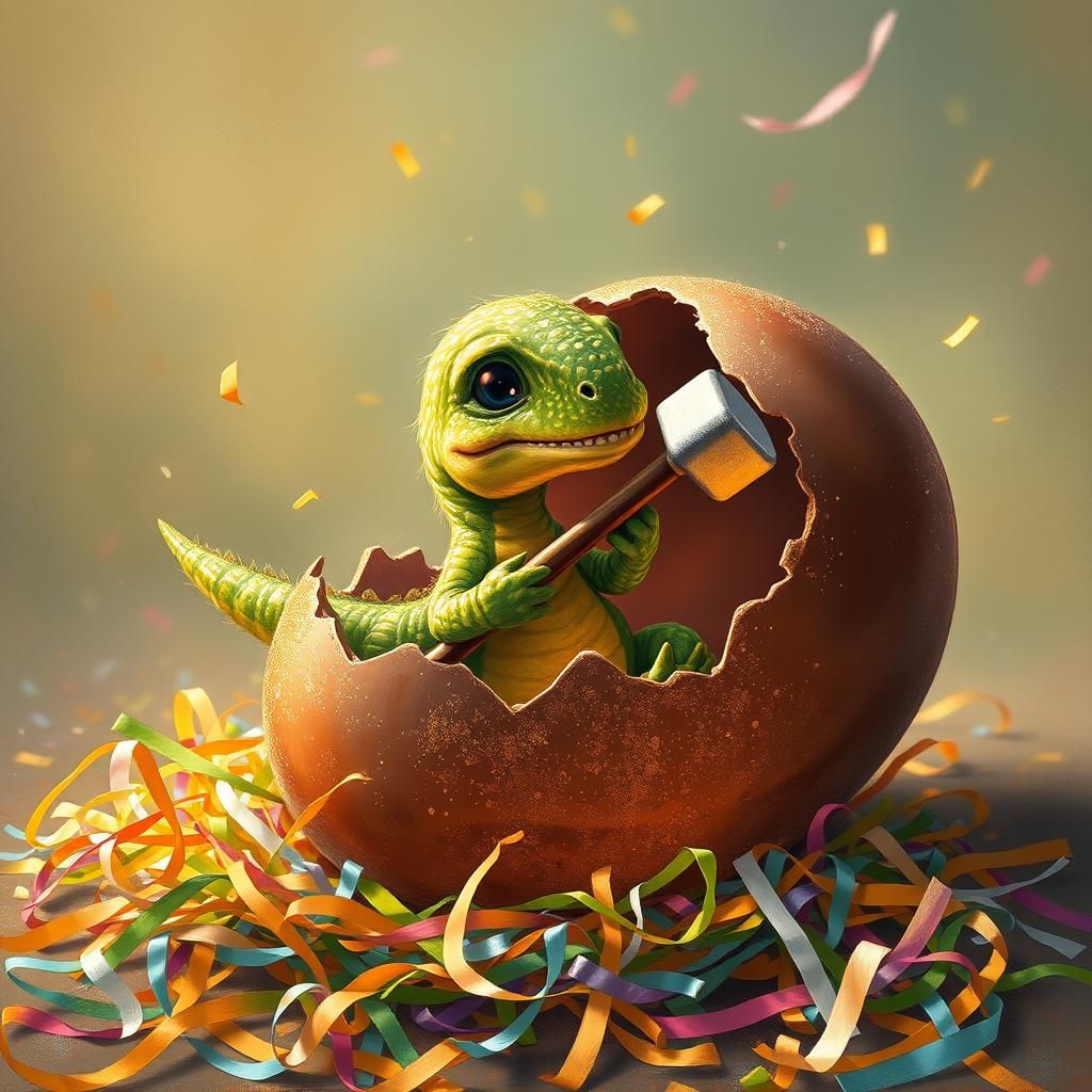 Dinosaur Hatching from Chocolate Egg, Children's Illustratio...