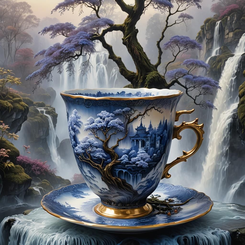 Blue Willow Teacup Overflowing with Misty Waterfall