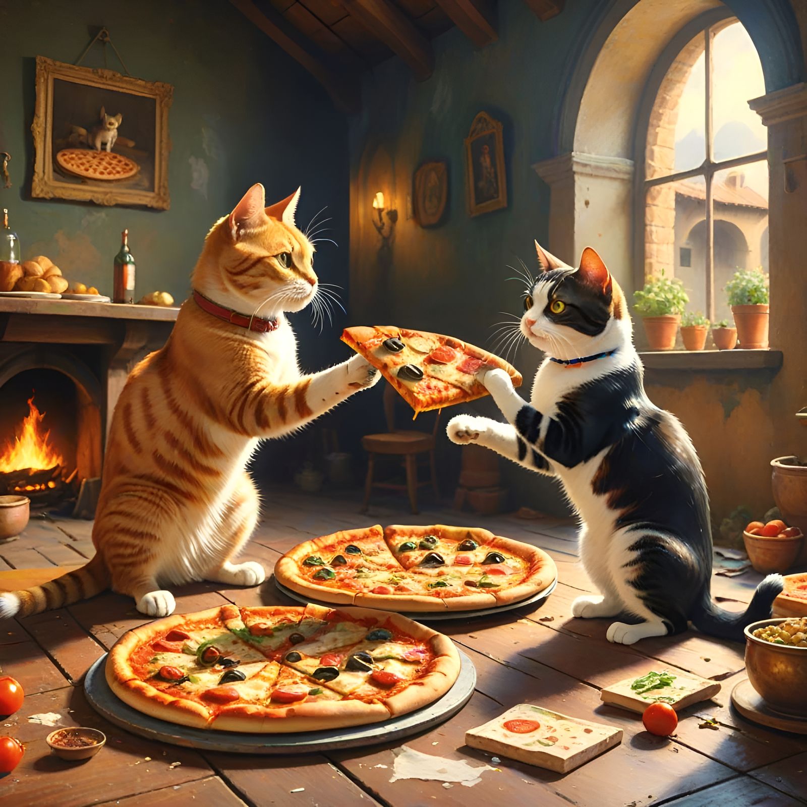 Cat and Dog Battle for Pizza in Renaissance Style