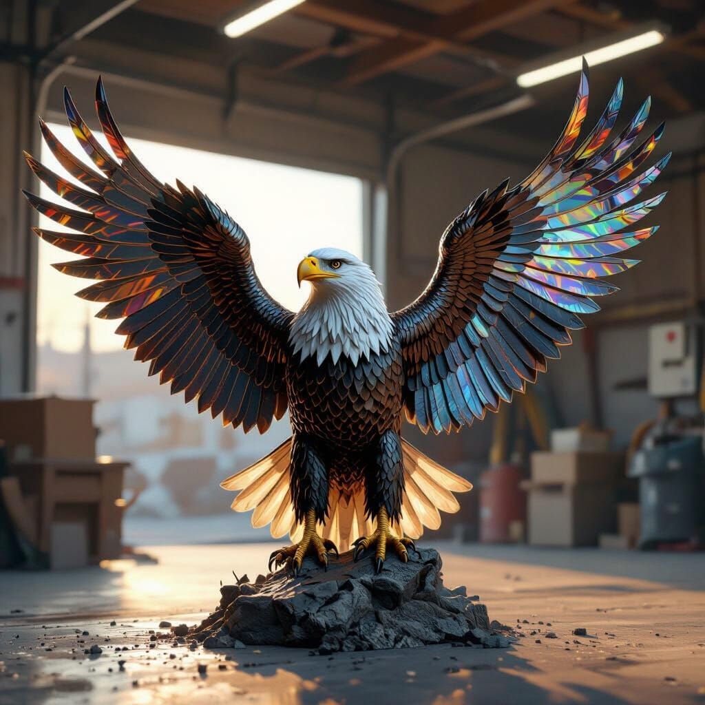 Chrome Bald Eagle Sculpture in Post-Apocalyptic Garage