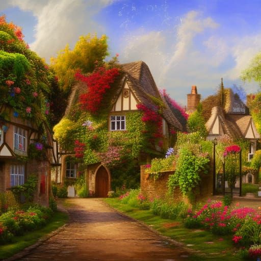 Charming English Village in Oil Painting Style