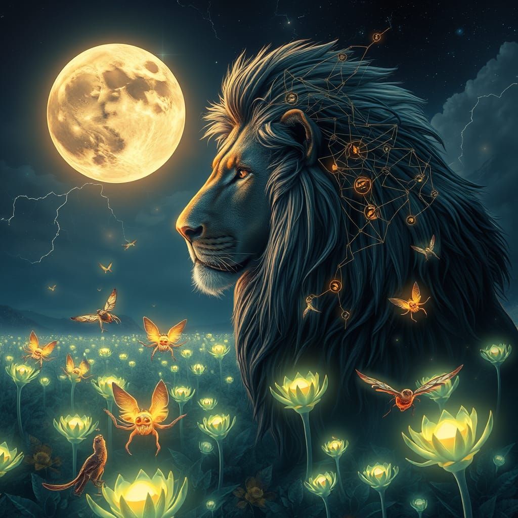 Majestic Lion Under Twin Moons, Surrounded by Glowing Alien ...